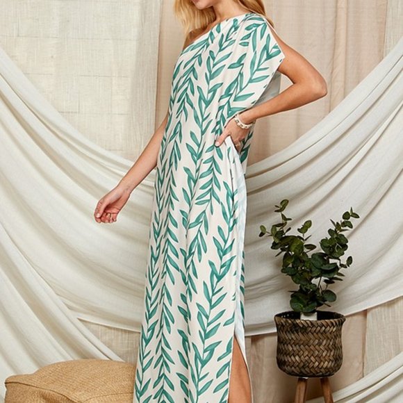 LEAF PRINT ONE SHOULDER SATIN MAXI DRESS - Picture 2 of 7